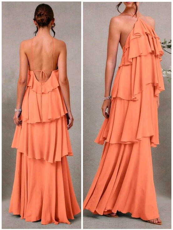 Boutique Dresses & Skirts - New Tiered Chiffon Ruffle Halter Maxi Dress Backless Coral Orange Peach